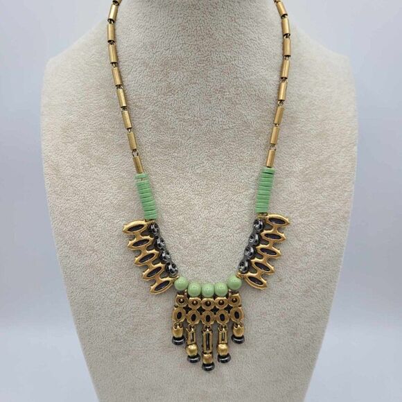 J Crew Bohemian Gold Tone Blue & Amber Crystal Neckalce - Picture 3 of 13